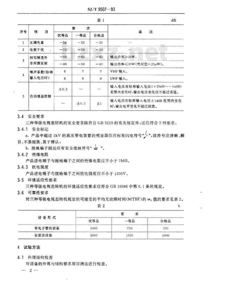SJ/T 9507-1993 电视差转机质量分等标准