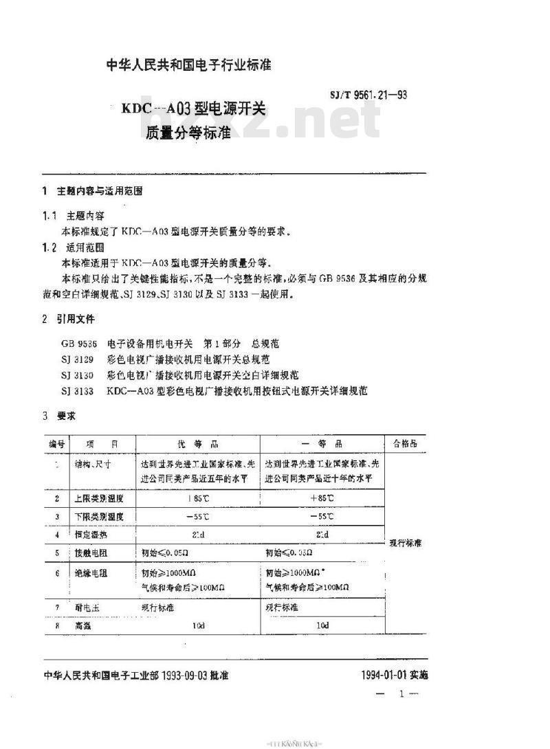 SJ/T 9561.21-1993 ＫＤＣ－Ａ０３型电源开关质量分等标准