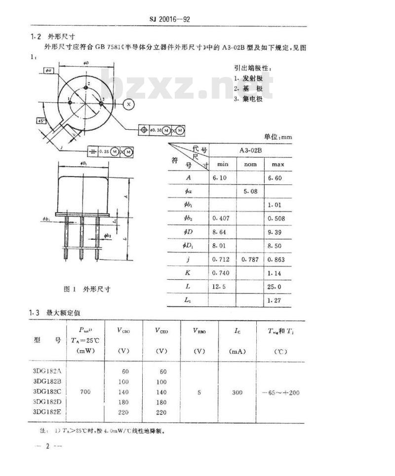 SJ 20016-1992 半导体分立器件 ＧＰ、ＧＴ和ＧＣＴ级３ＤＧ１８２型ＮＰＮ硅小功率高反压晶体管详细规范
