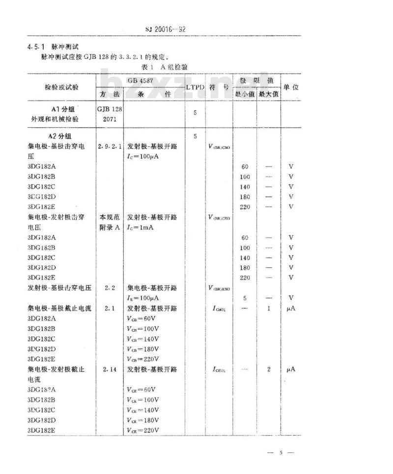 SJ 20016-1992 半导体分立器件 ＧＰ、ＧＴ和ＧＣＴ级３ＤＧ１８２型ＮＰＮ硅小功率高反压晶体管详细规范