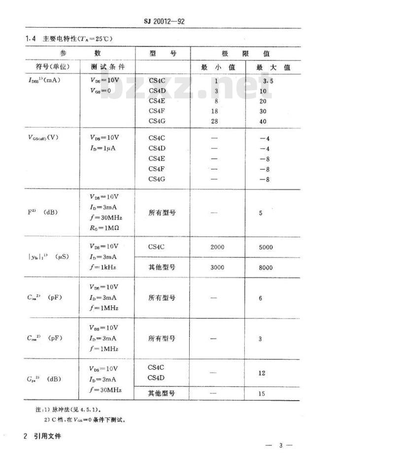 SJ 20012-1992 半导体分立器件 ＧＰ、ＧＴ和ＧＣＴ级ＣＳ４型硅Ｎ沟道耗尽型场效应晶体管详细规范