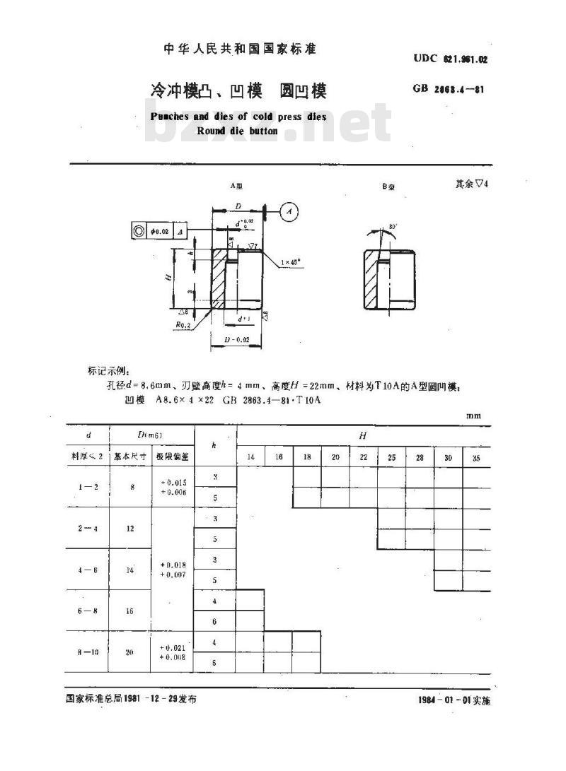 GB 2863.4-1981 冷冲模凸 凹模 圆凹模