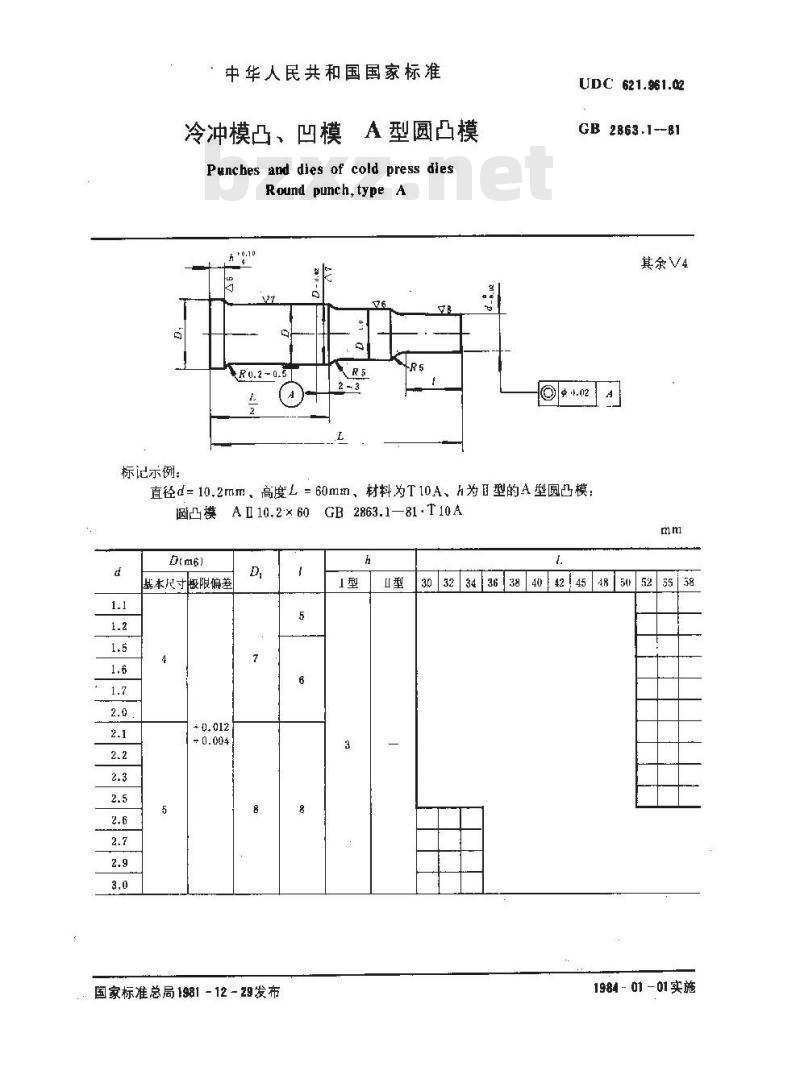 GB 2863.1-1981 冷冲模凸 凹模 A型圆凸模