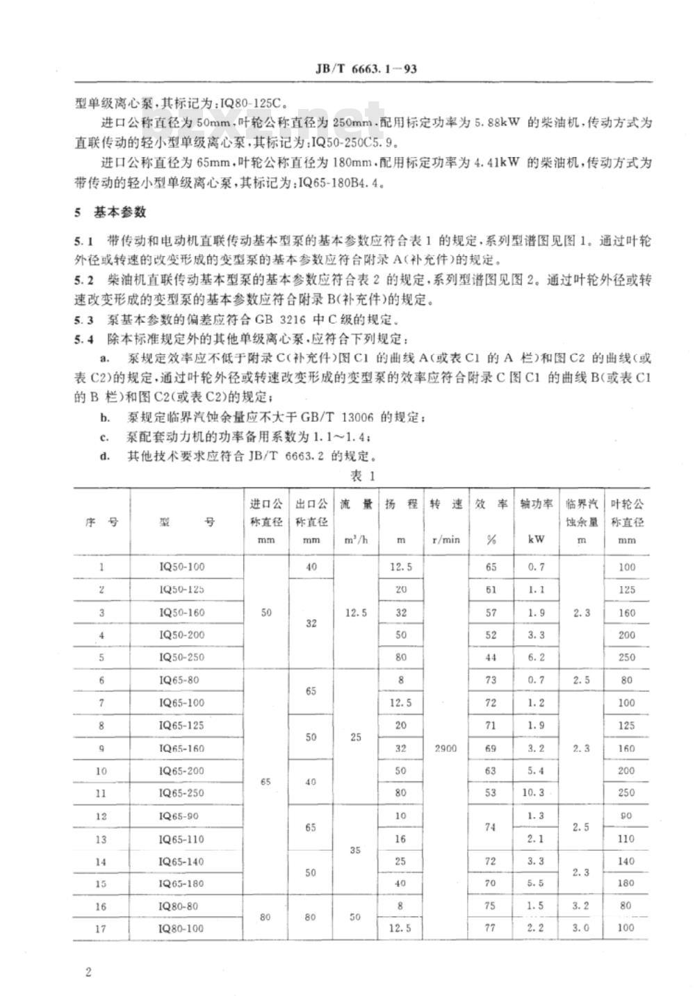 JB/T 6663.1-1993 轻小型单级离心泵 型式与基本参数