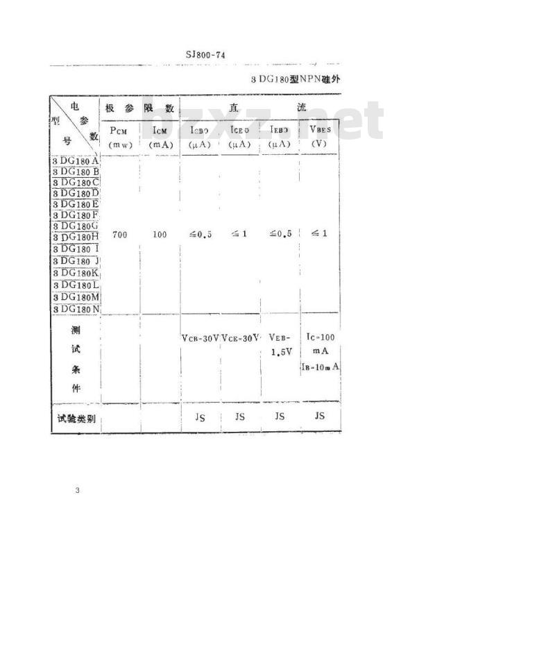 SJ 800-1974 3DG180型NPN硅外延平面高频小功率高反压三极管