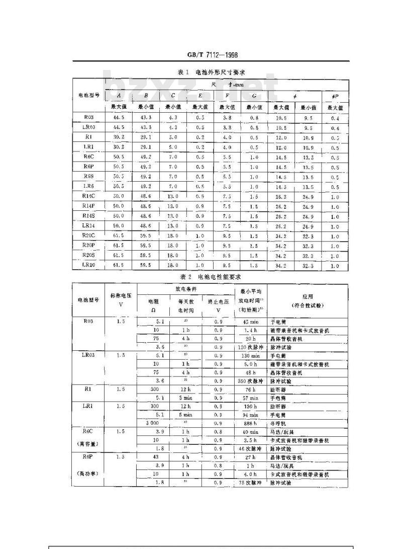 GB/T 7112-1998 R03、R1、R6、R14、R20型锌-锰干电池 LR03、LR1、LR6、LR14、LR20型碱性锌-锰干电池