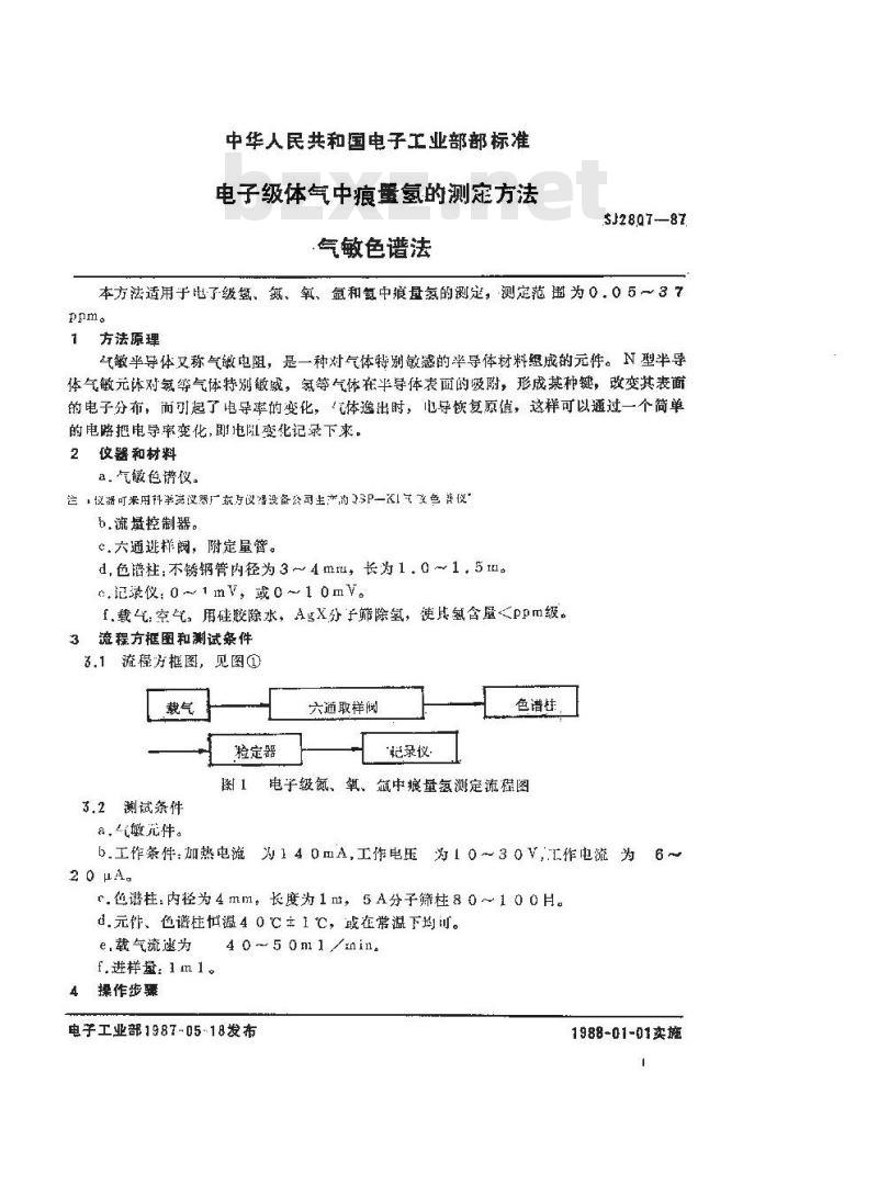 SJ 2807-1987 电子级气体中痕量氢的测试方法 气敏色谱法