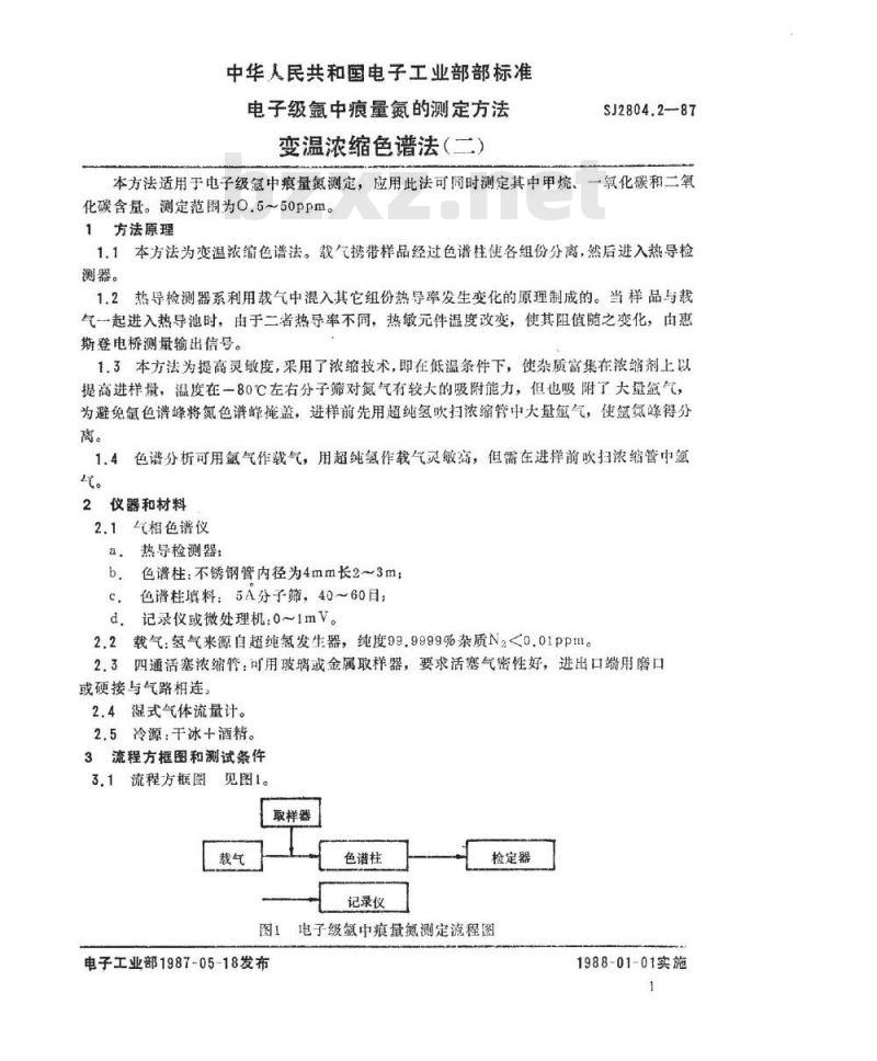 SJ 2804.2-1987 电子级氩中痕量氮测定方法 变温浓缩色谱法(二)