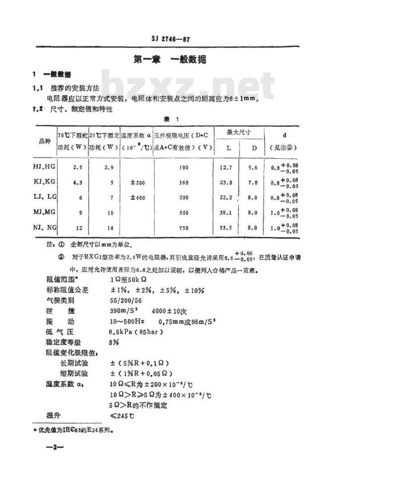 SJ 2746-1987 电子器件详细规范 功率型固定电阻器 ＲＸＧ１型功率型线绕电阻器 评定水平Ｅ