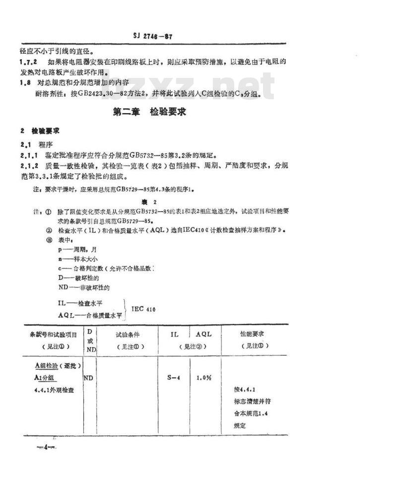 SJ 2746-1987 电子器件详细规范 功率型固定电阻器 ＲＸＧ１型功率型线绕电阻器 评定水平Ｅ