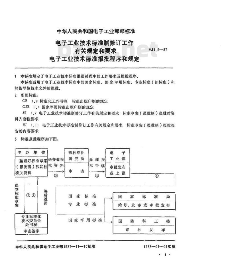 SJ 1.6-1987 电子工业技术标准制修订工作有关规定和要求 电子工业技术标准报批程序和规定