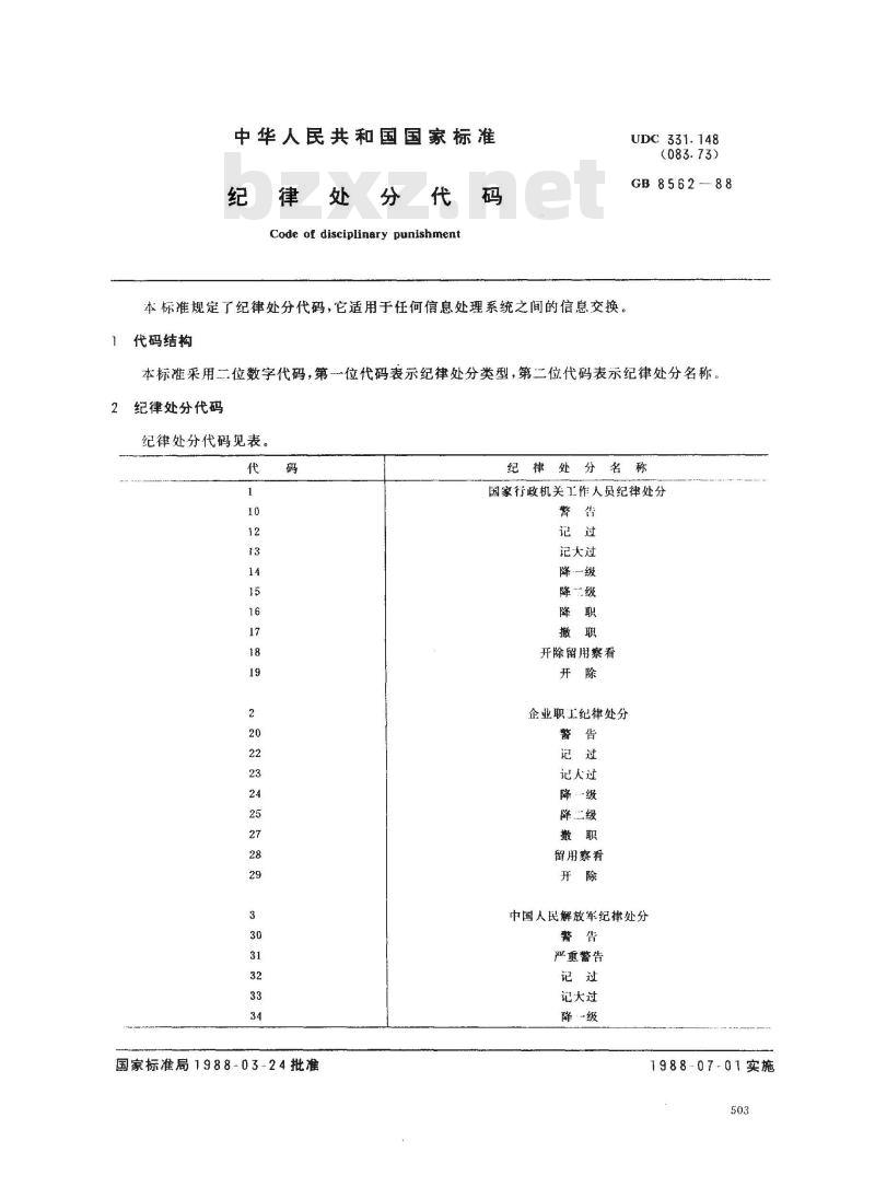 GB 8562-1988 纪律处分代码