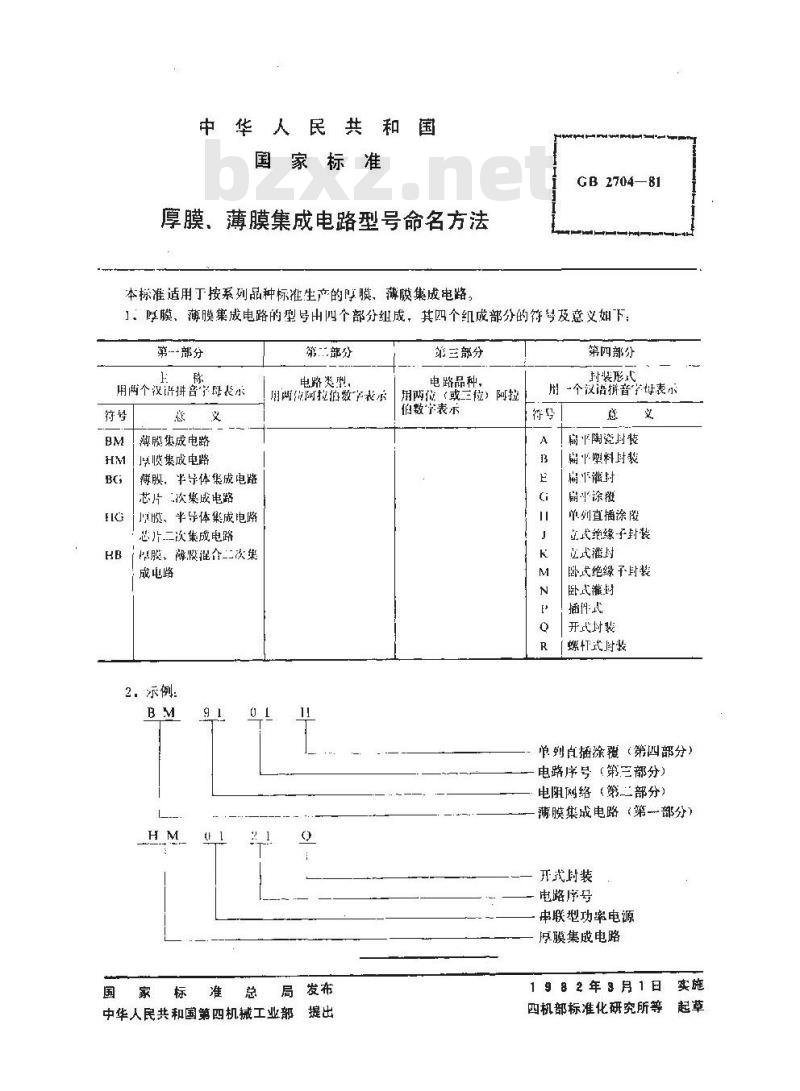 GB 2704-1981 厚膜、薄膜集成电路型号命名方法