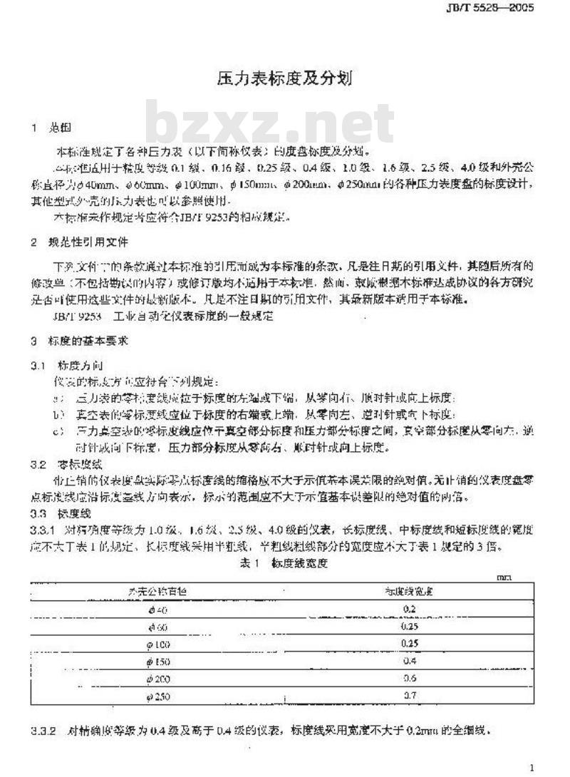 JB/T 5528-2005 压力表标度及分划