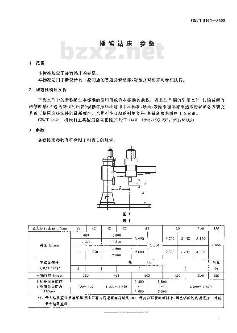 GB/T 9461-2003 摇臂钻床 参数