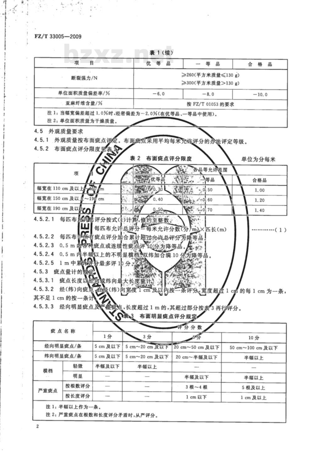 FZ/T 33005-2009 亚麻棉混纺本色布