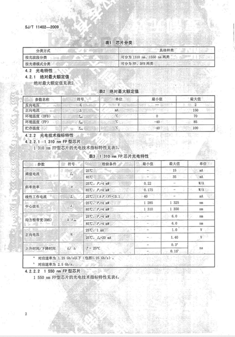 SJ/T 11402-2009 光纤通信用半导体激光器芯片技术规范