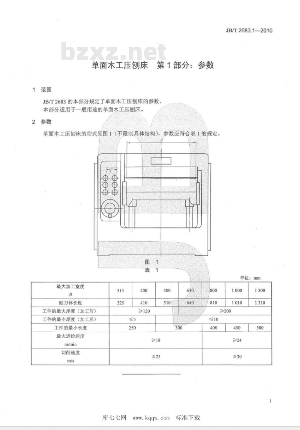 JB/T 2683.1-2010 单面木工压刨床  第1部分：参数