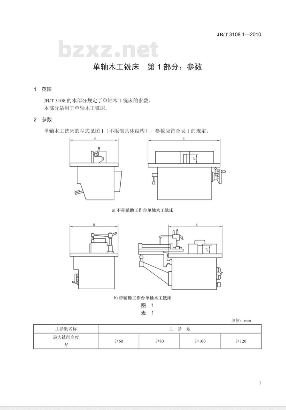 JB/T 3108.1-2010 单轴木工铣床 第1部分：参数