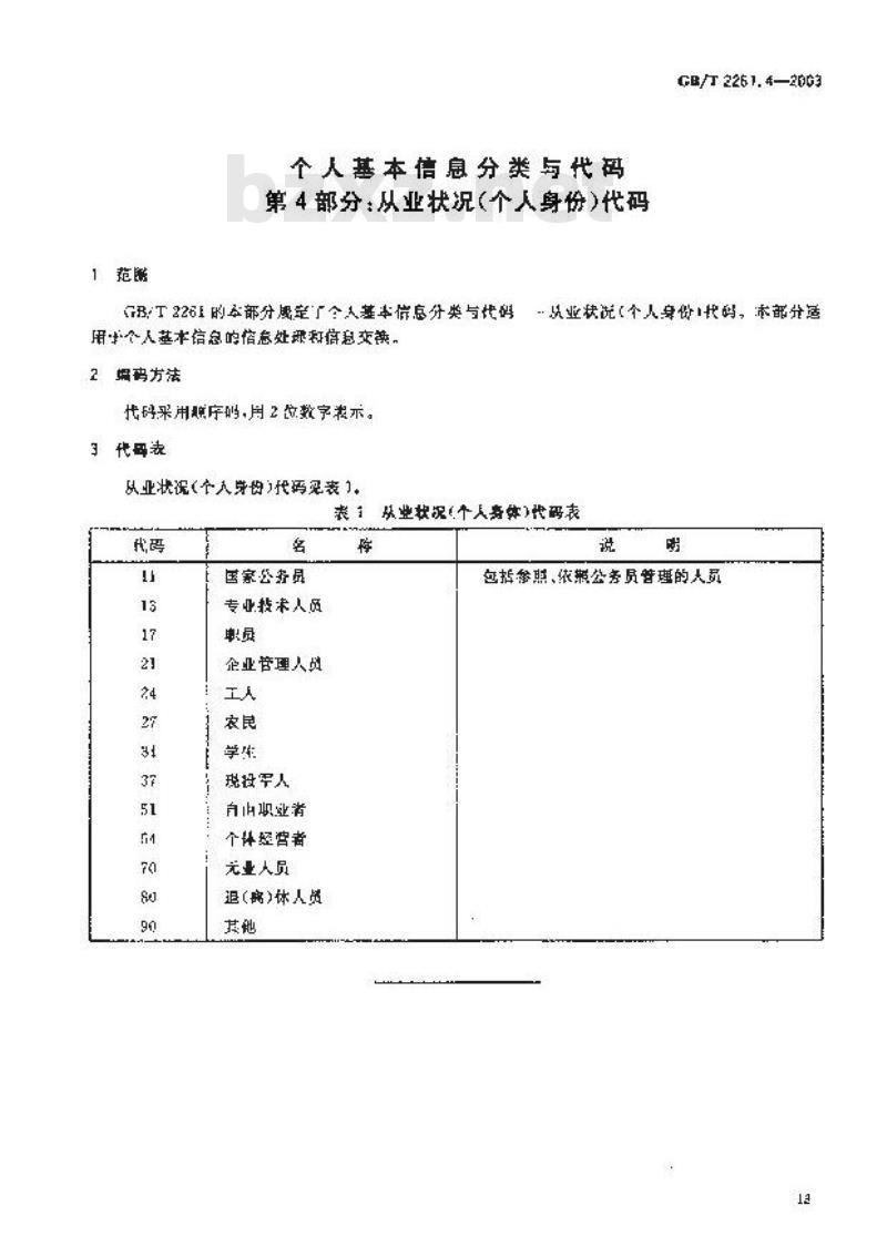 GB/T 2261.4-2003 个人基本信息分类与代码 第4部分: 从业状况(个人身份)代码
