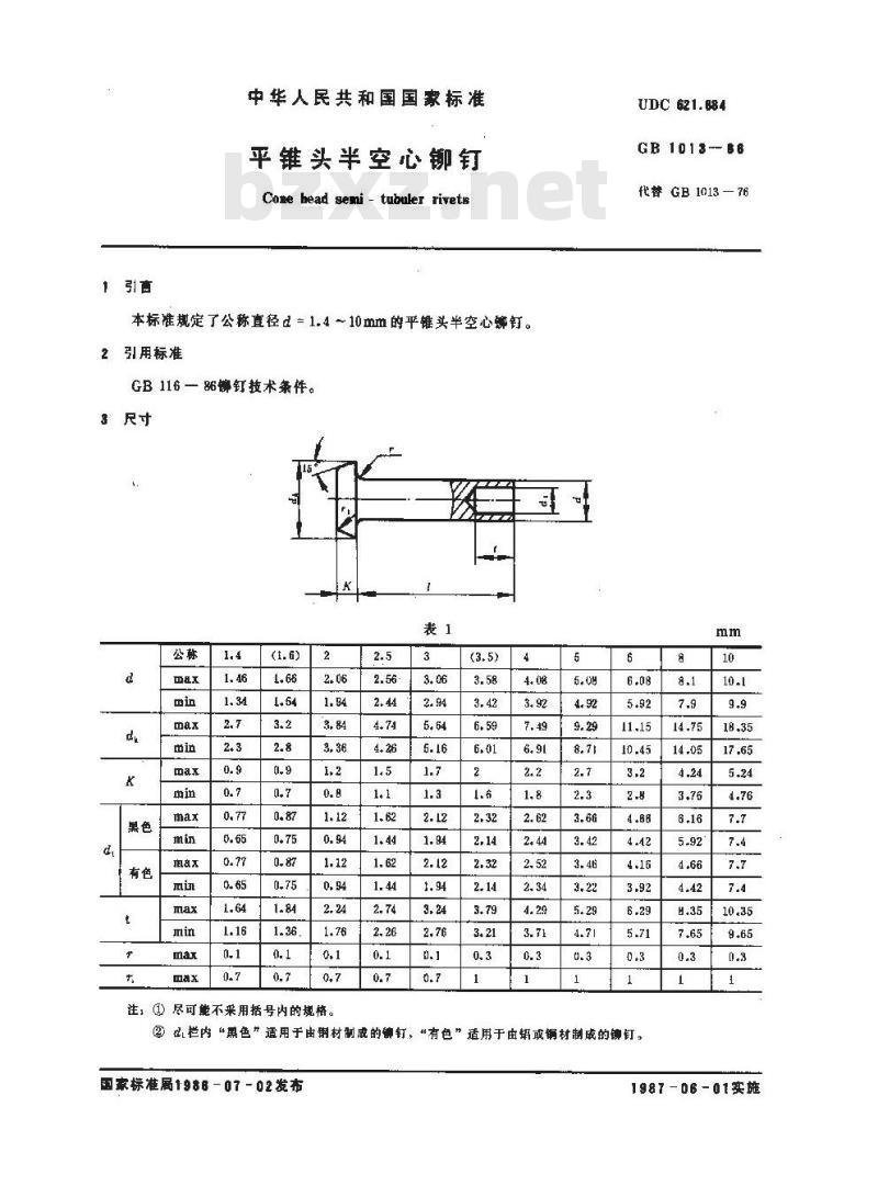 GB 1013-1986 平锥头半空心铆钉