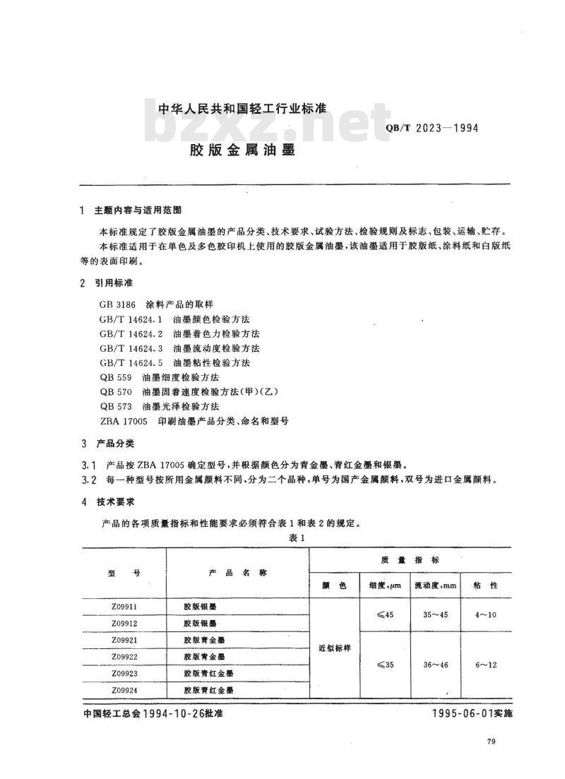 QB/T 2023-1994 胶版金属油墨