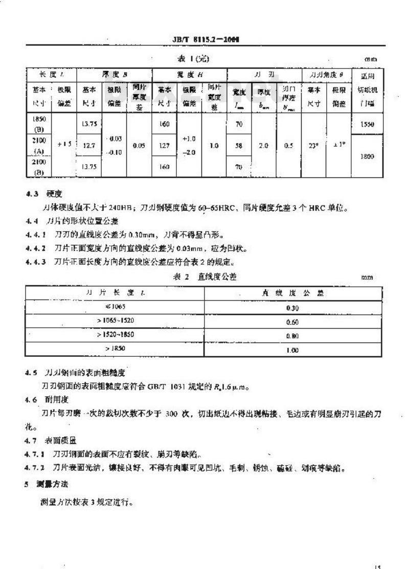 JB/T 8115.2-2000 切纸机 刀片