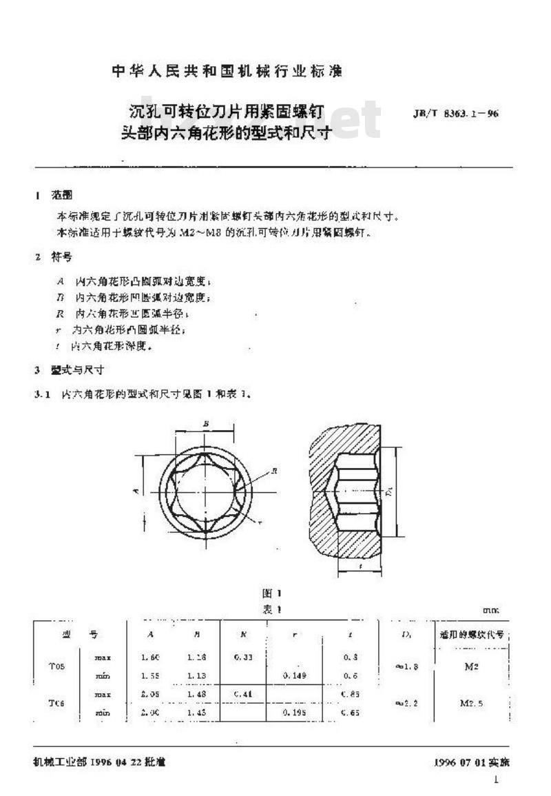 JB/T 8363.1-1996 沉孔可转位刀片用紧固螺钉 头部内六角花形的型式和尺寸