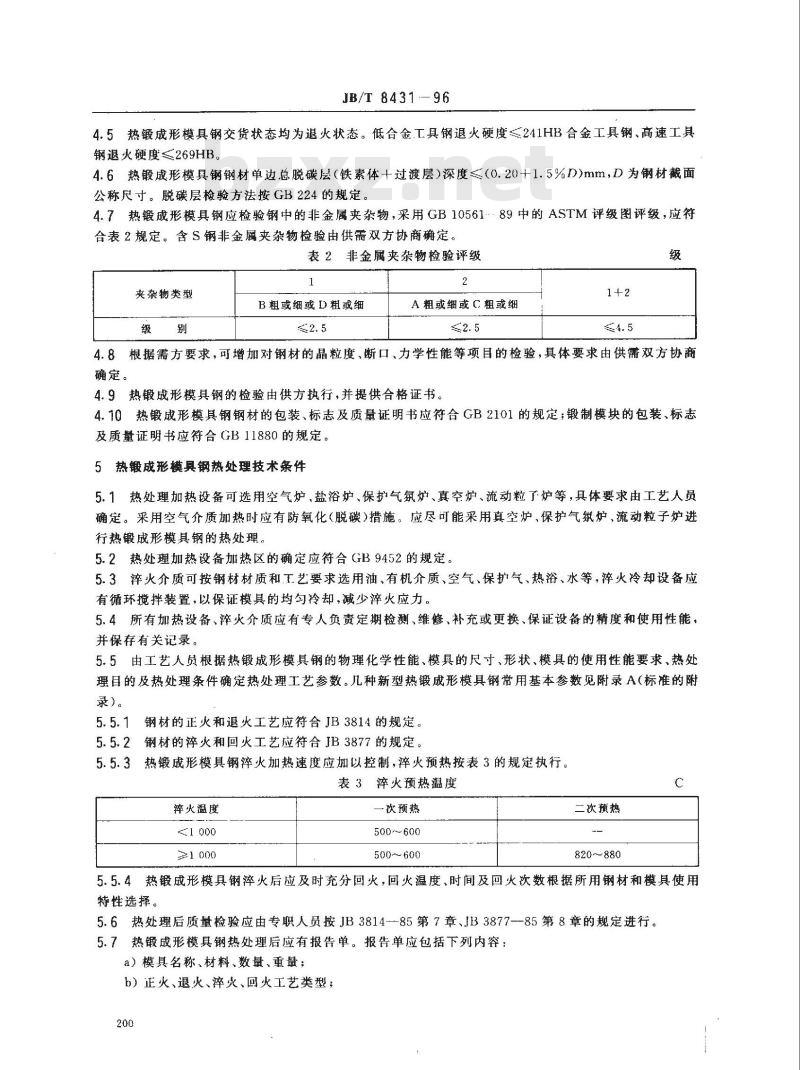 JB/T 8431-1996 热锻成形模具钢及其热处理 技术条件