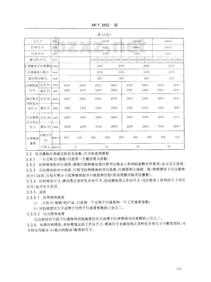 JB/T 8493-1996 双动薄板拉伸液压机 基本参数