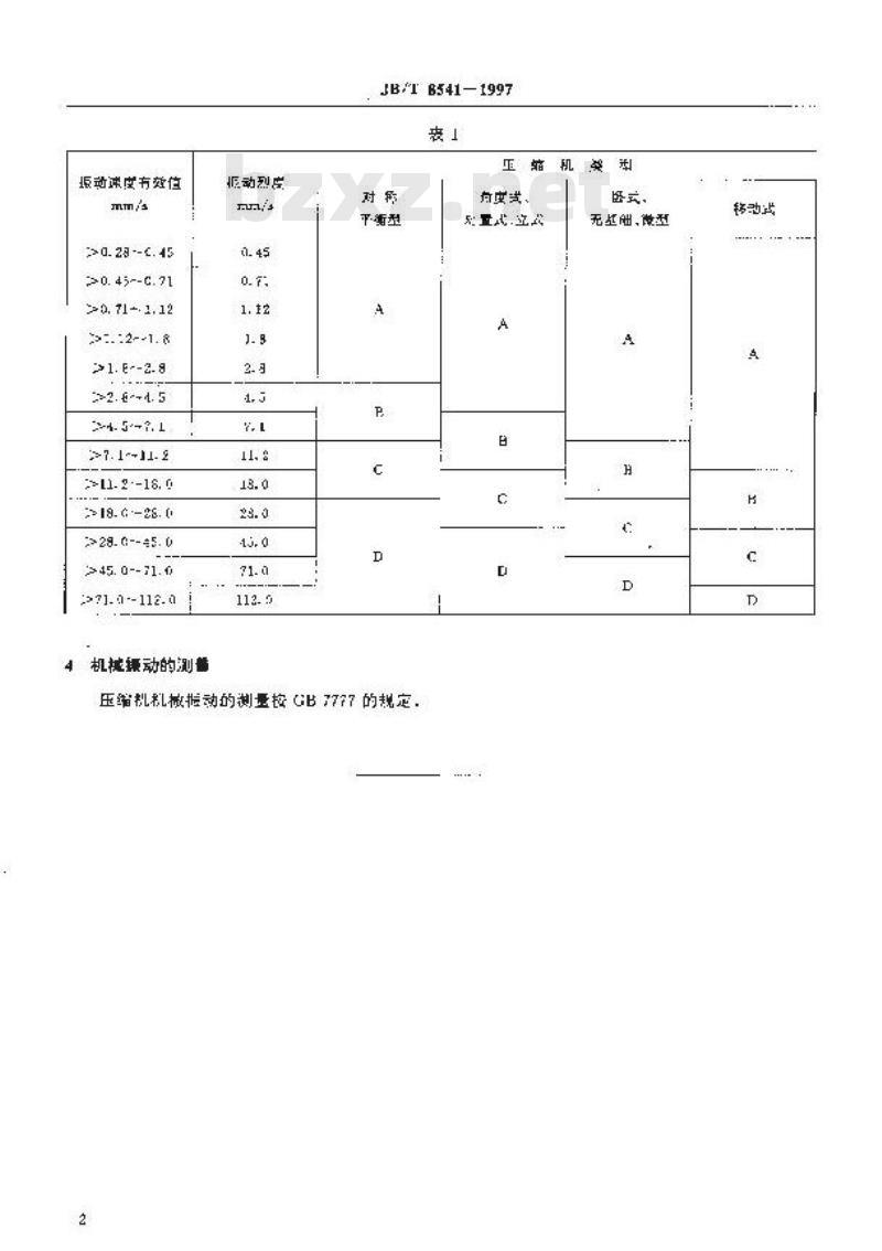 JB/T 8541-1997 往复活塞压缩机机械振动分级