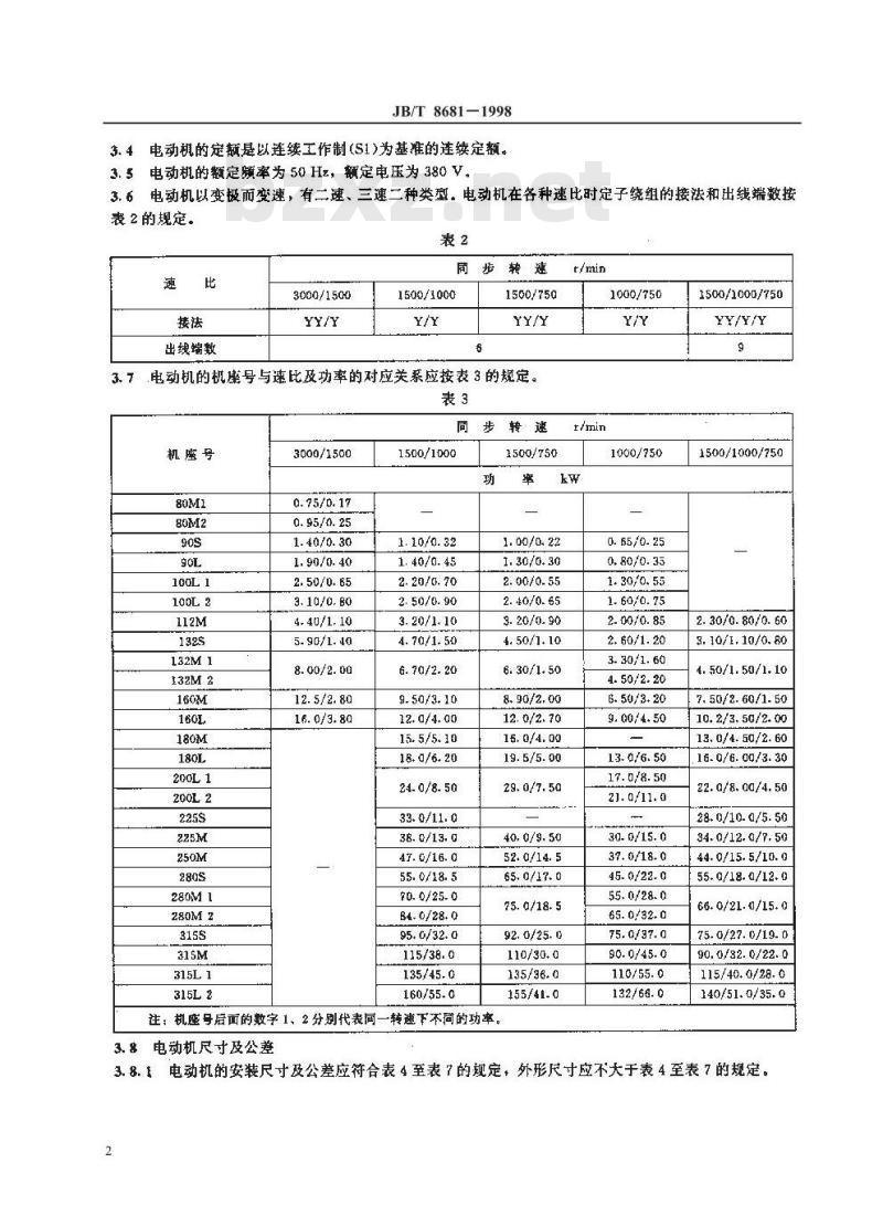 JB/T 8681-1998 YDT系列(IP44)变极多速三相异步电动机技术条件 (机座号:80~315)