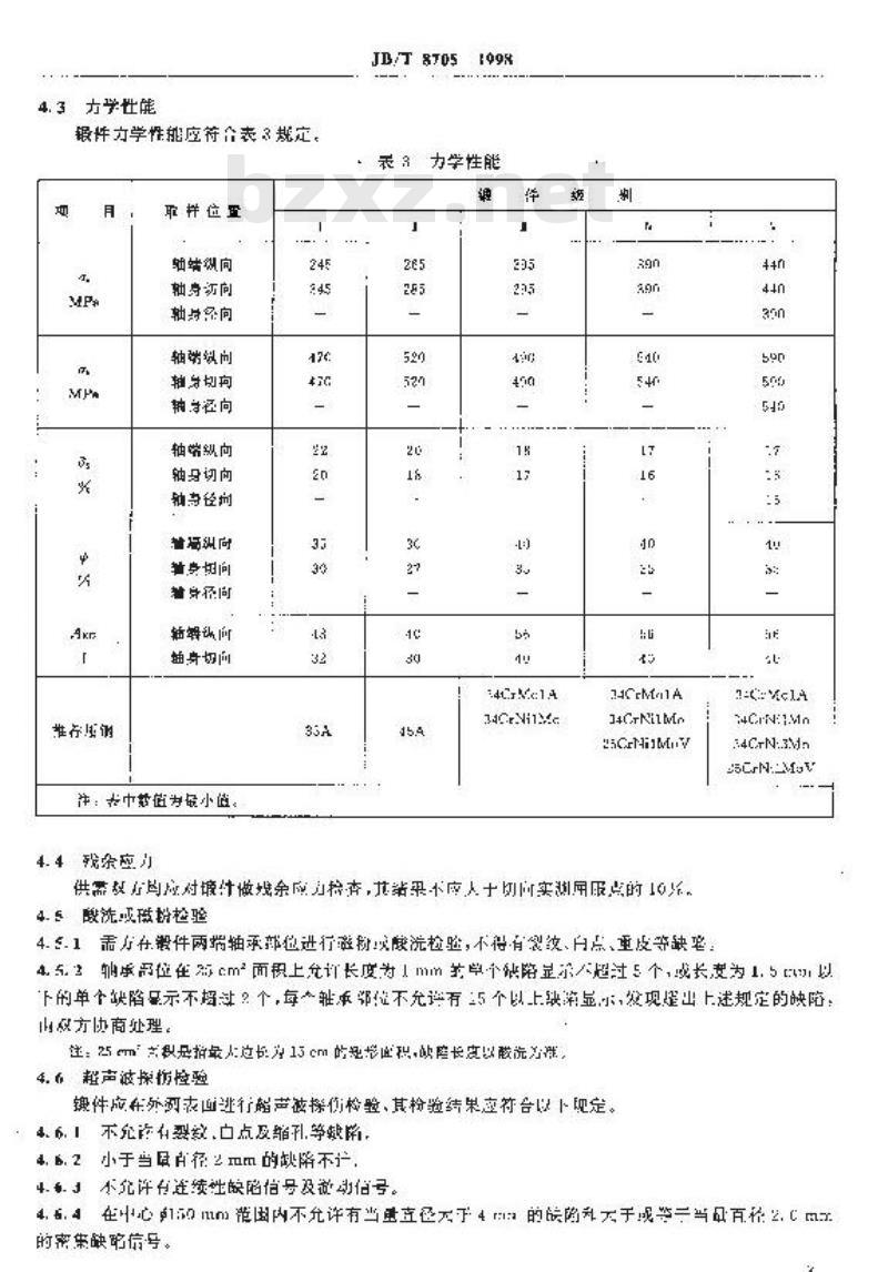 JB/T 8705-1998 500MW以下汽轮发电机无中心孔转子锻件 技术条件