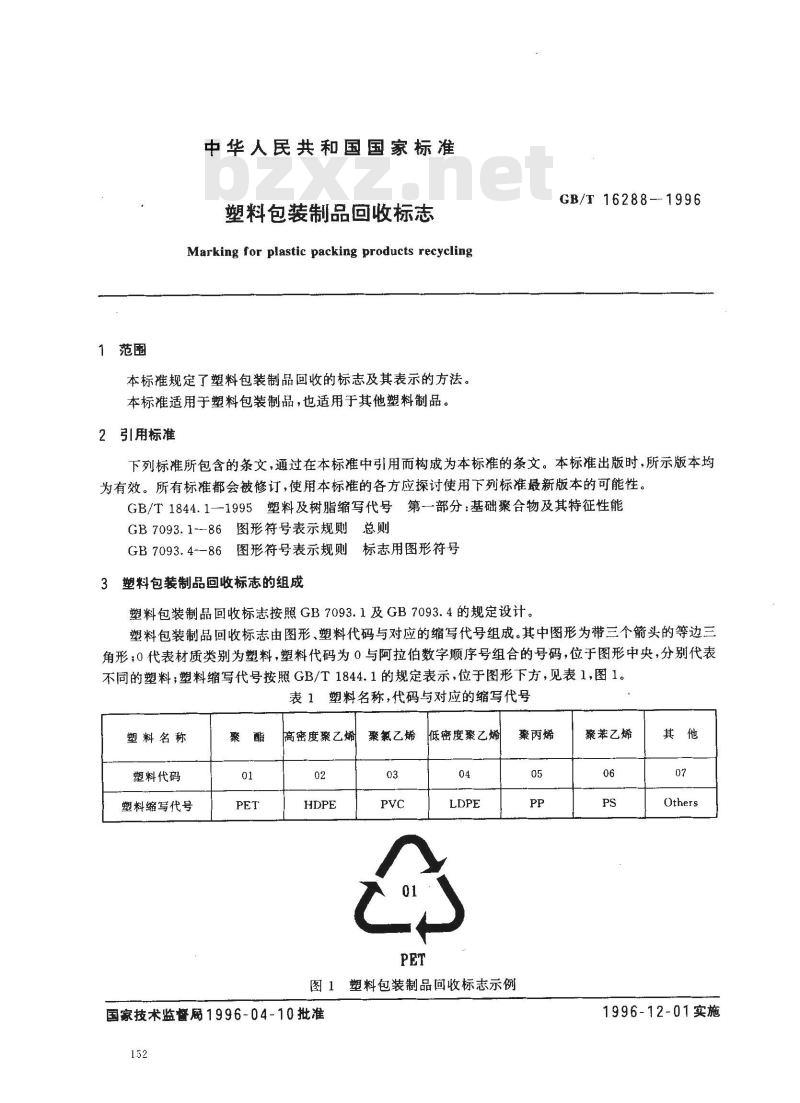 GB/T 16288-1996 塑料包装制品回收标志