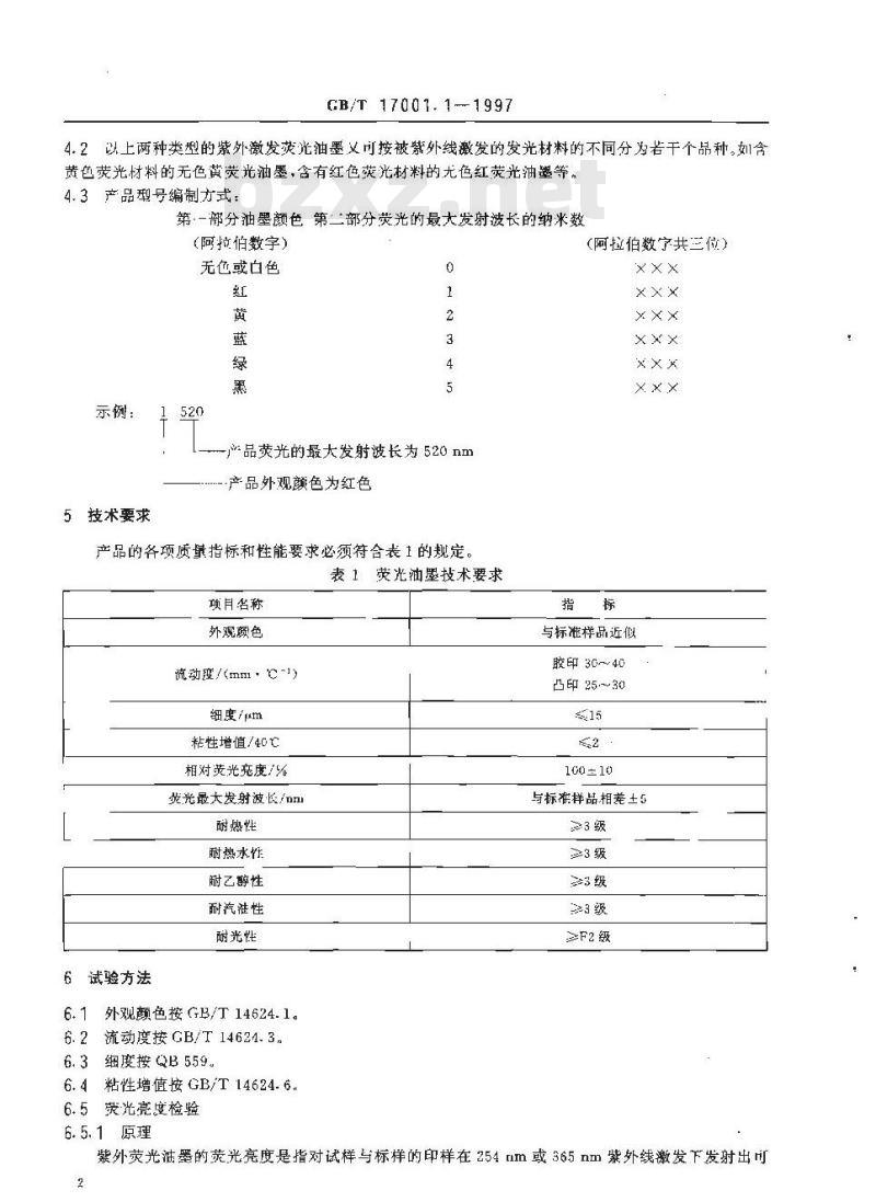 GB/T 17001.1-1997 防伪油墨 第1部分:紫外激发荧光油墨(胶版、凸版印刷)技术条件