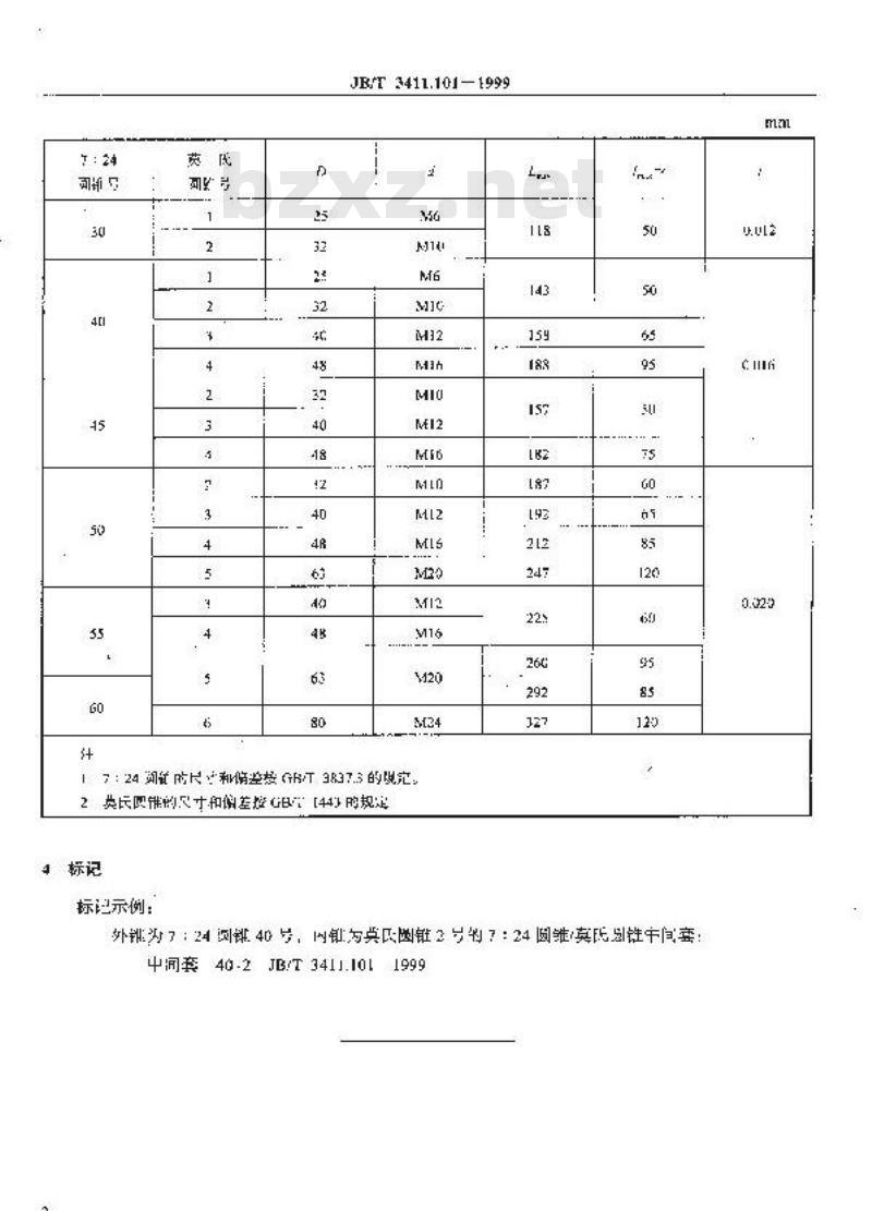 JB/T 3411.101-1999 7：24 圆锥/莫氏圆锥中间套 尺寸