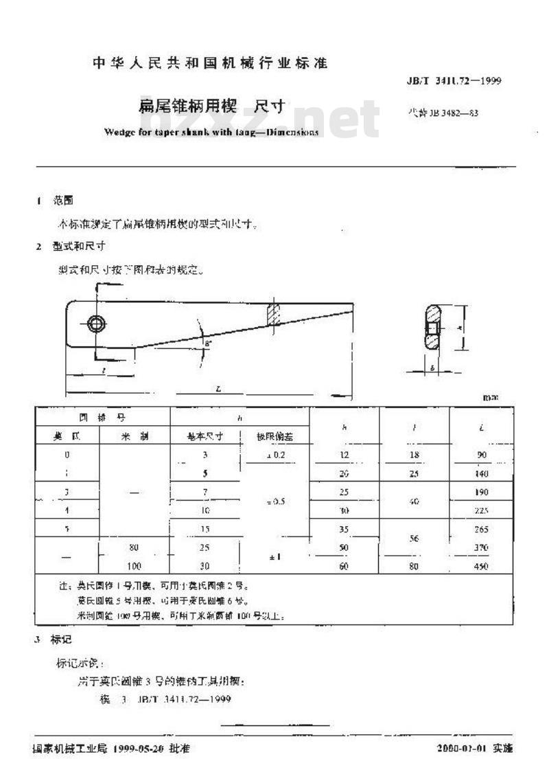 JB/T 3411.72-1999 扁尾锥柄用楔 尺寸