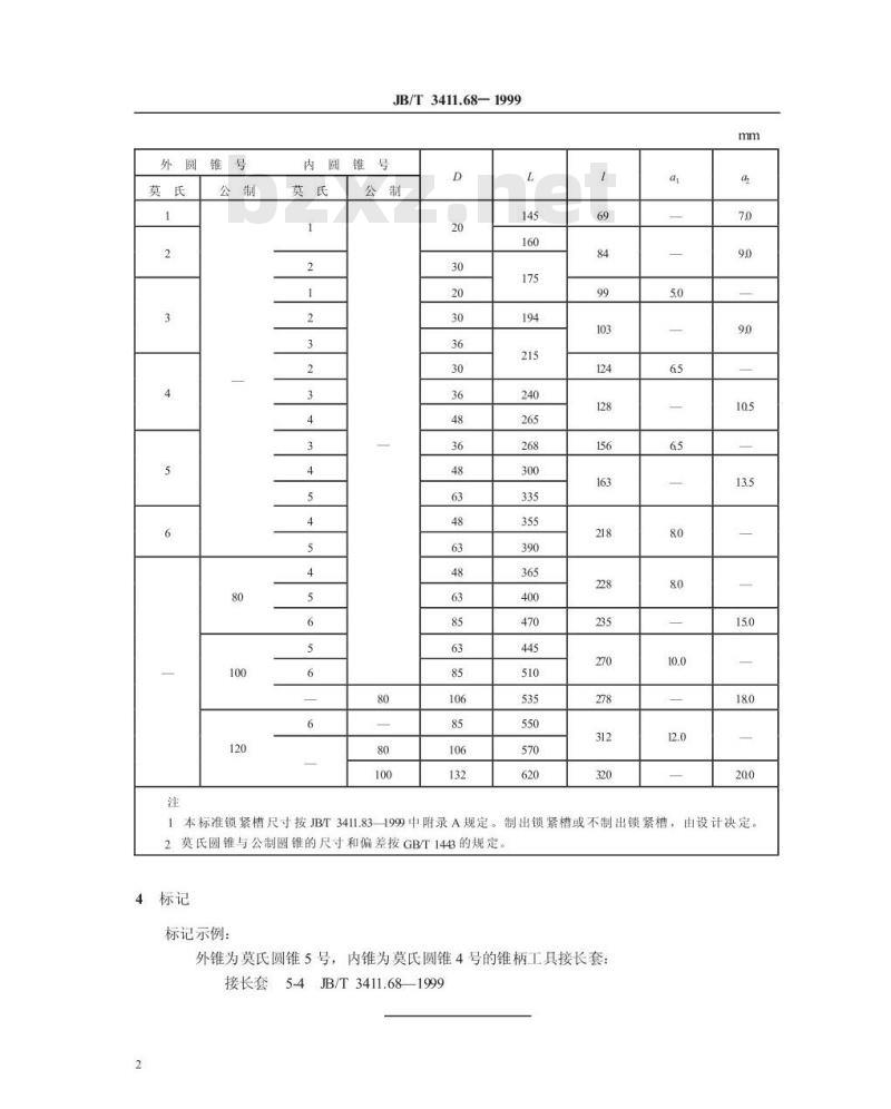 JB/T 3411.68-1999 锥柄工具接长套 尺寸