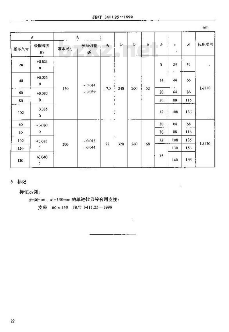 JB/T 3411.25-1999 单键拉刀导套用支座 尺寸
