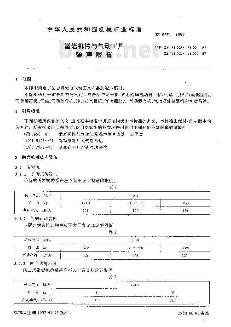 JB 8551-1997 凿岩机械与气动工具 噪声限值