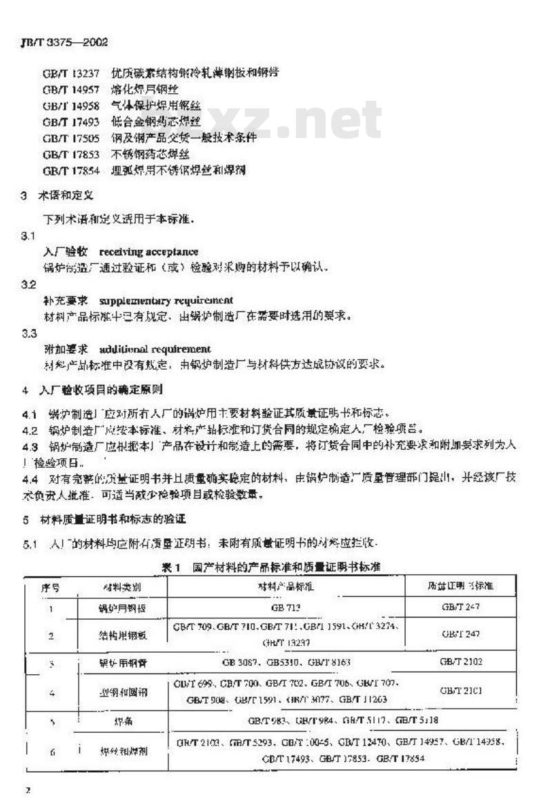 JB/T 3375-2002 锅炉用材料入厂验收规则