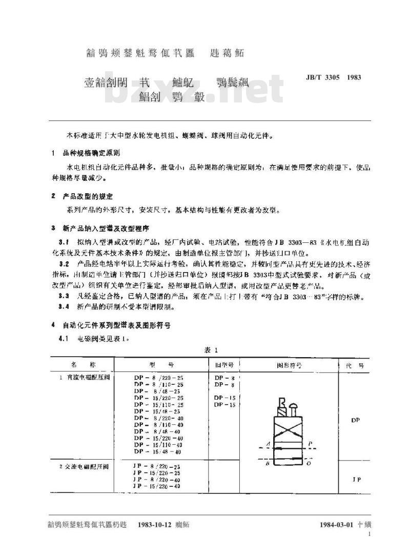 JB/T 3305-1983 大中型水电机组自动化系统及元件 系列型谱及符号