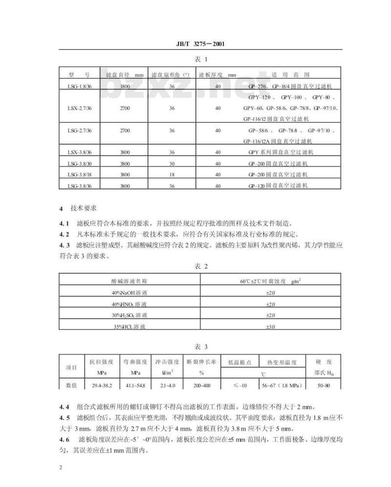 JB/T 3275-2001 圆盘真空过滤机用塑料扇形滤板