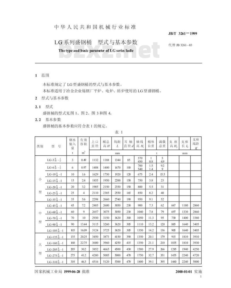 JB/T 3261-1999 LG 系列盛钢桶 型式与基本参数
