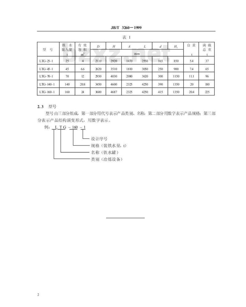 JB/T 3260-1999 LTG 系列铁水罐 型式与基本参数