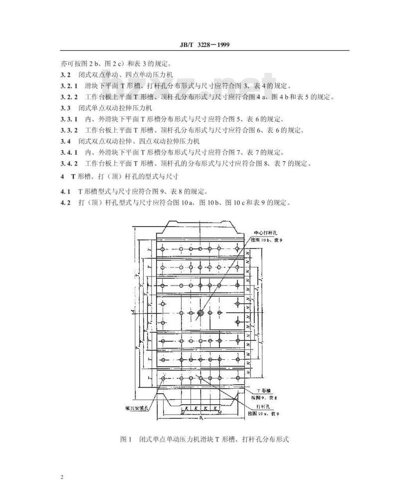 JB/T 3228-1999 闭式机械压力机 紧固模具用槽、打(顶)杆孔的分布形式与尺寸
