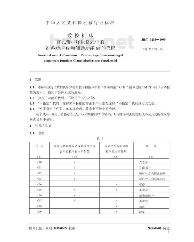 JB/T 3208-1999 数控机床 穿孔带程序段格式中的准备功能 G 和辅助功能 M 的代码