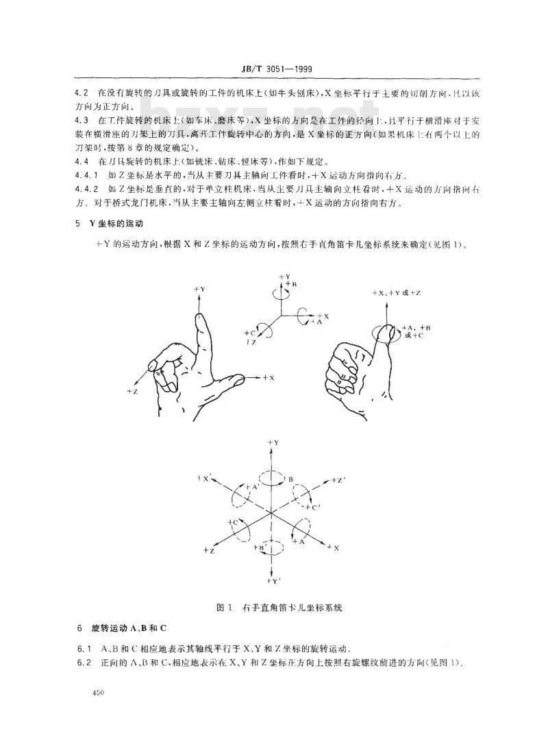 JB/T 3051-1999 数控机床 坐标和运动方向的命名