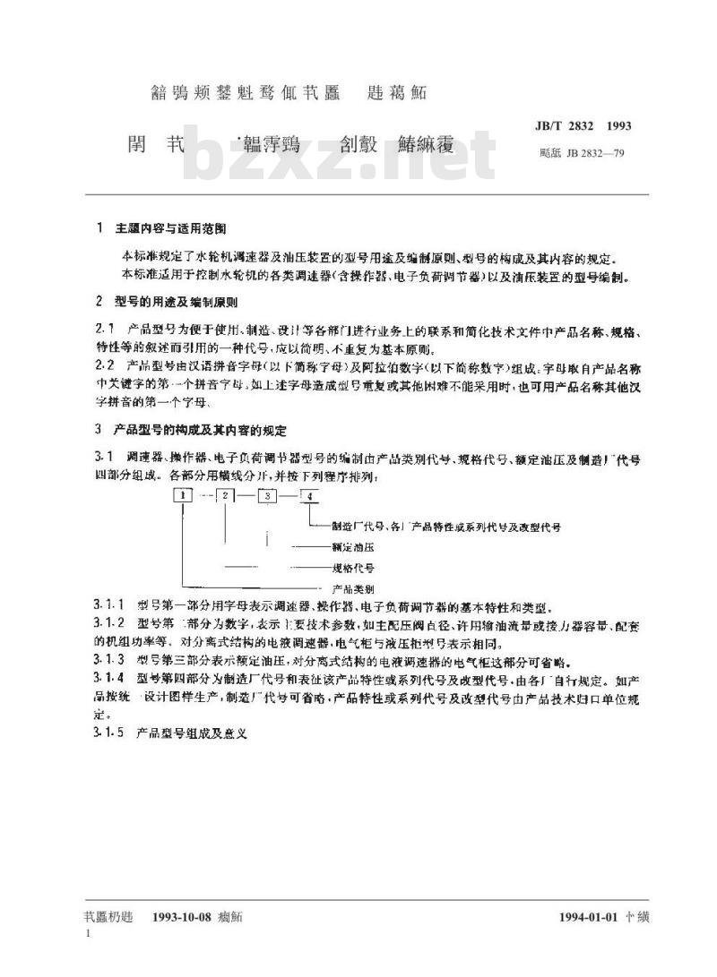 JB/T 2832-1993 水轮机调速器与油压装置 型号编制方法