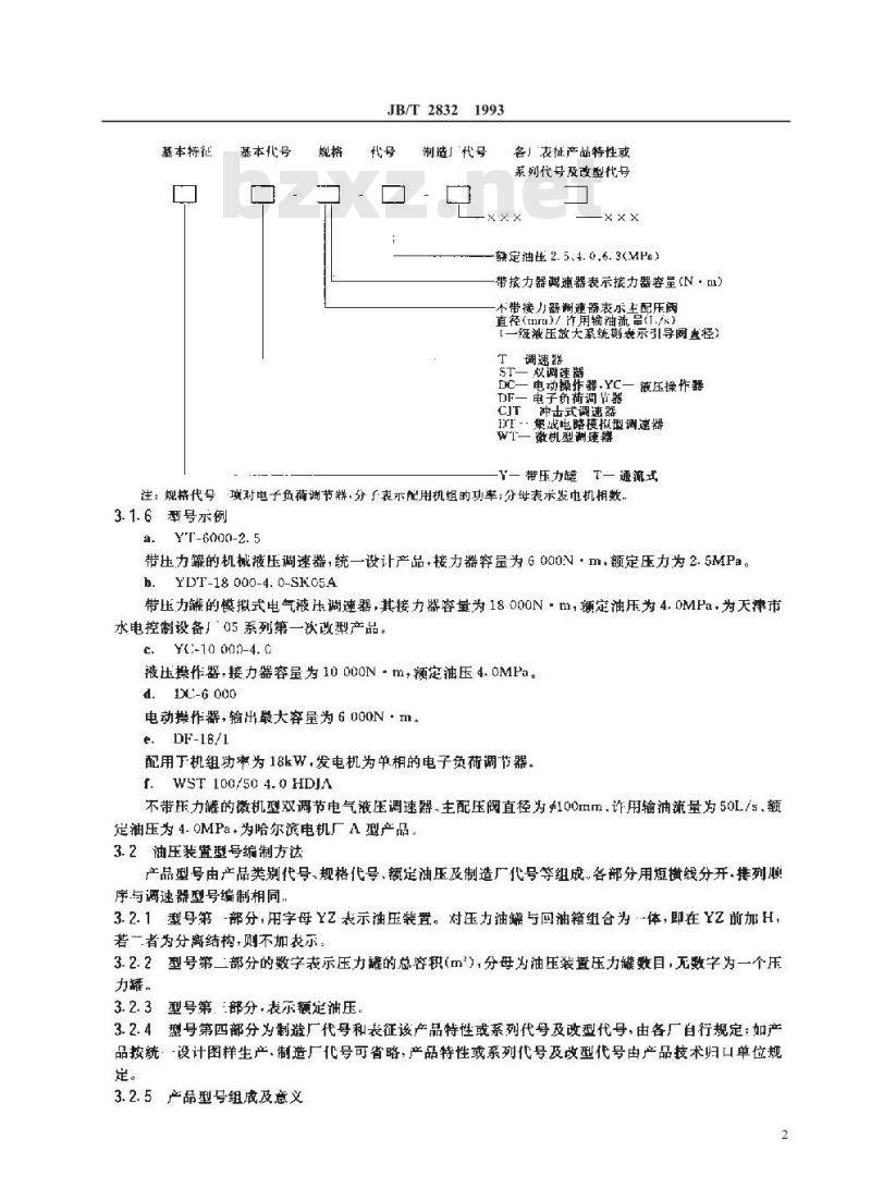 JB/T 2832-1993 水轮机调速器与油压装置 型号编制方法